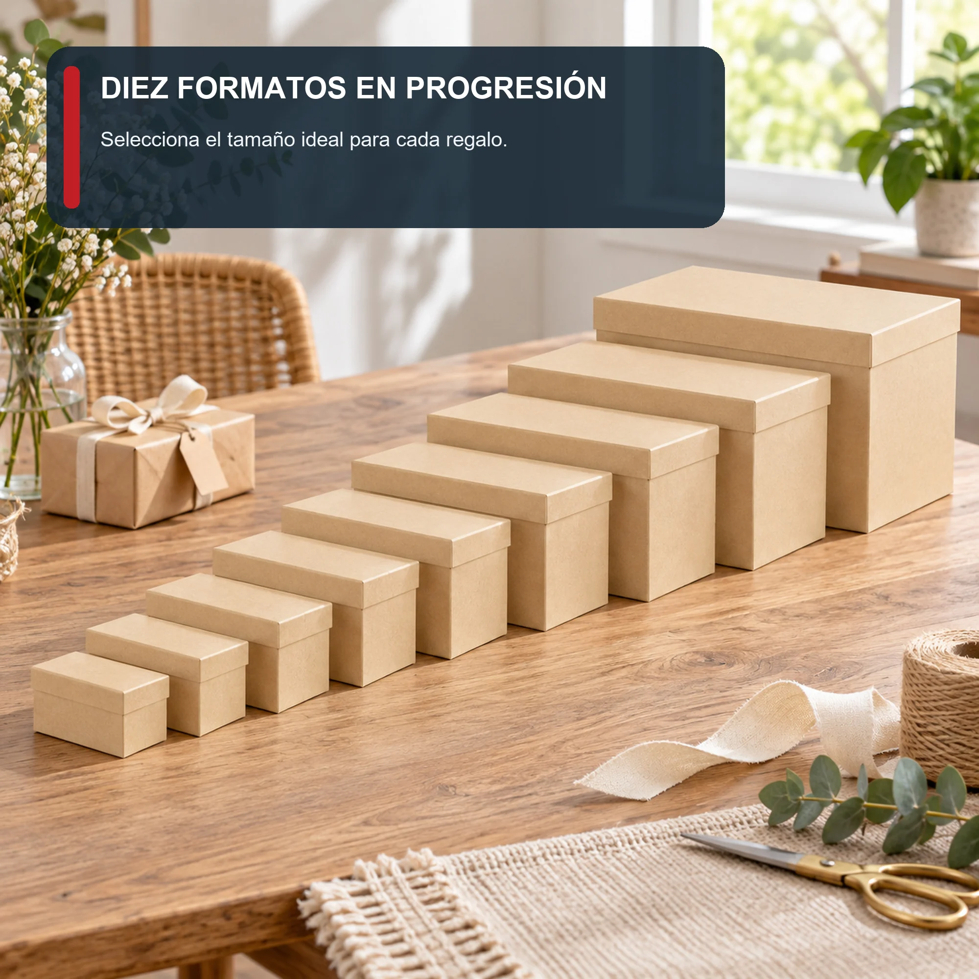 Juego de 10 Cajas de Regalo Juego Rectangular Kraft Natural, Tamaños Surtidos