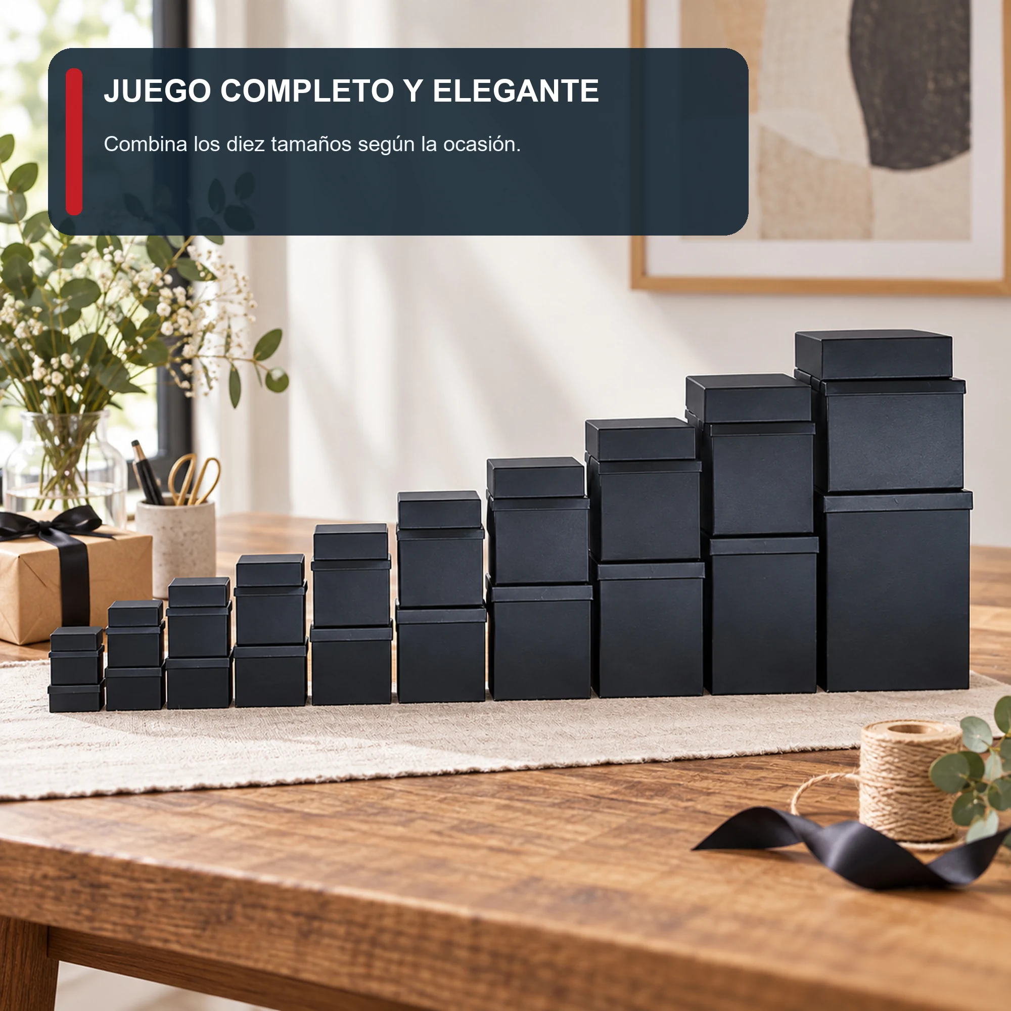 Juego de 10 Cajas de Regalo Juego Rectangular Negro Mate, Tamaños Surtidos