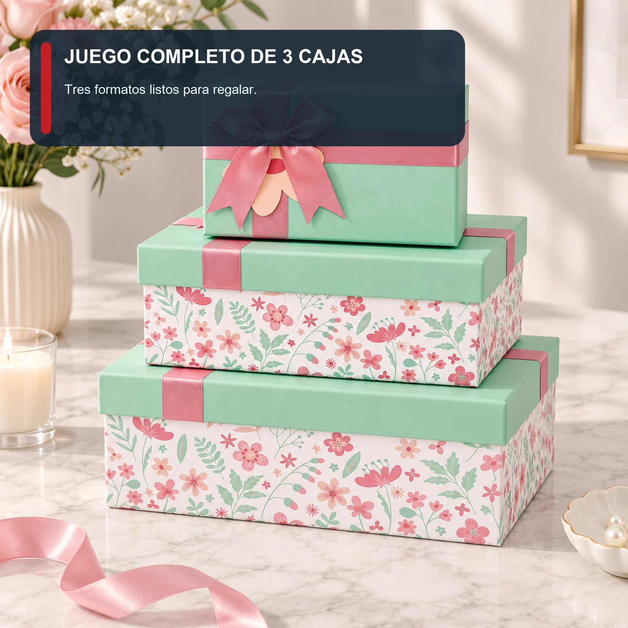 Juego de 3 Cajas de Regalo Juego De Cajas Florales Color Menta, Tres Tamaños