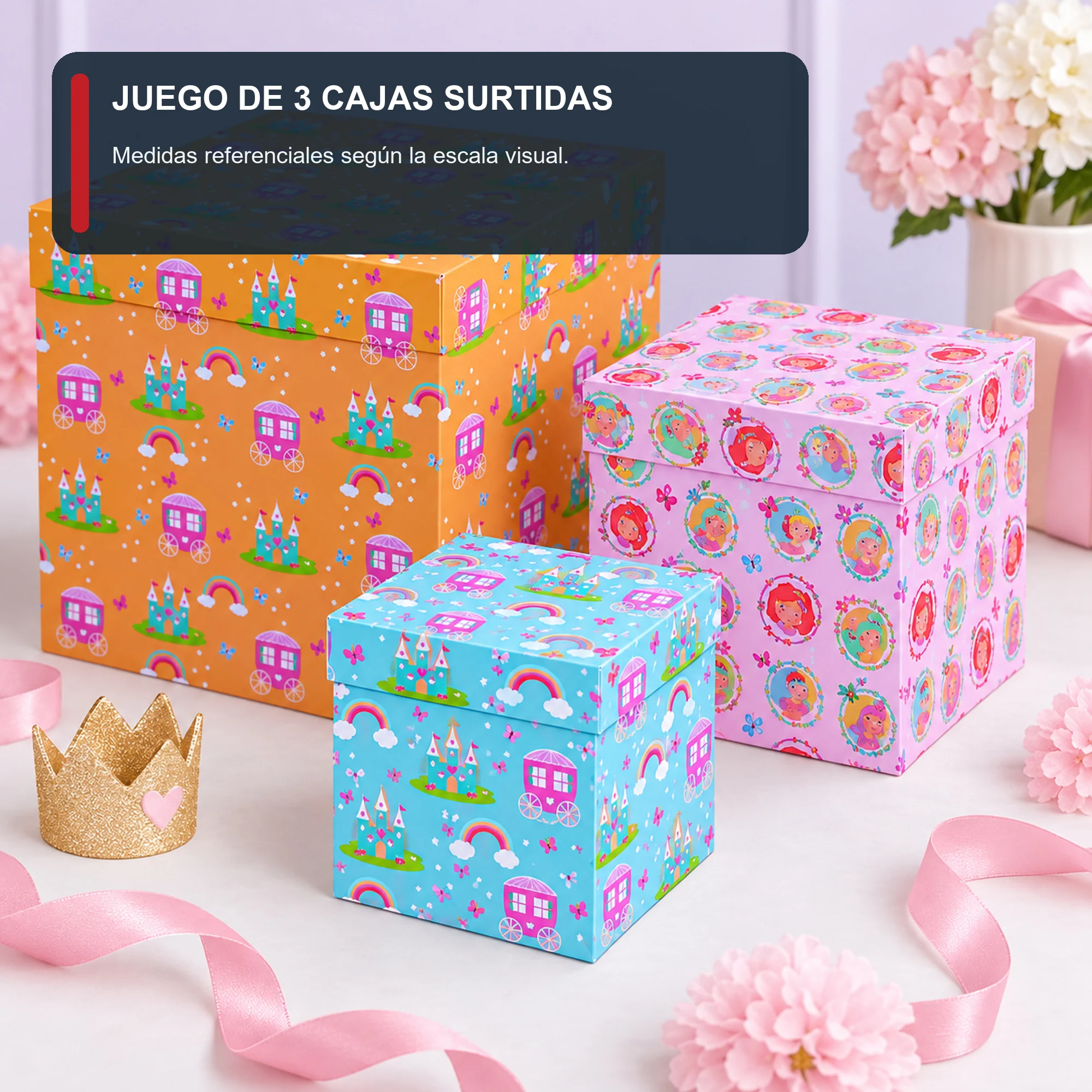 Juego de 3 Cajas de Regalo Juego De Cajas Infantiles De Princesas, Tres Tamaños