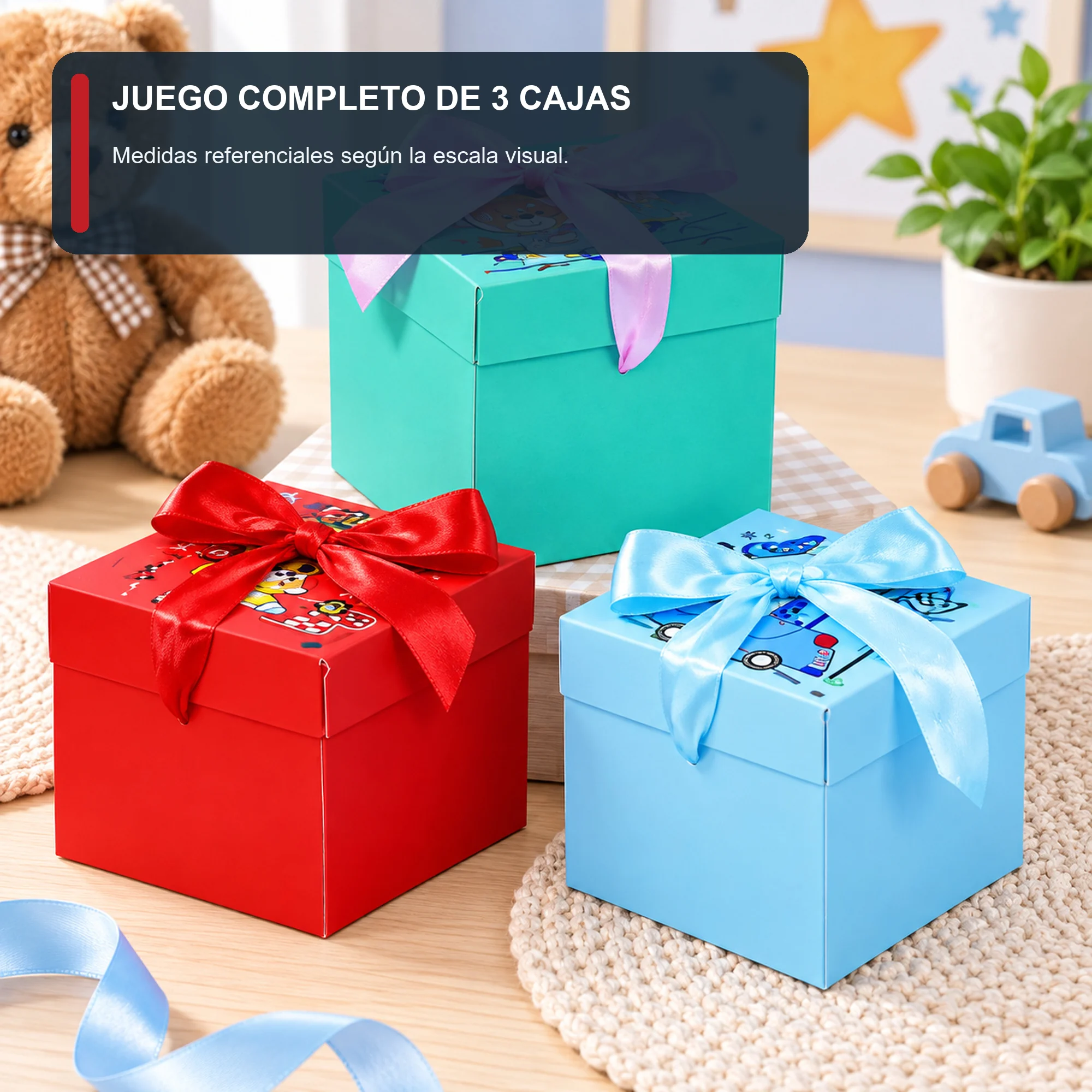 Juego de 3 Cajas de Regalo Juego De Cajas Infantiles Con Vehículos Y Lazo, Tres Tamaños