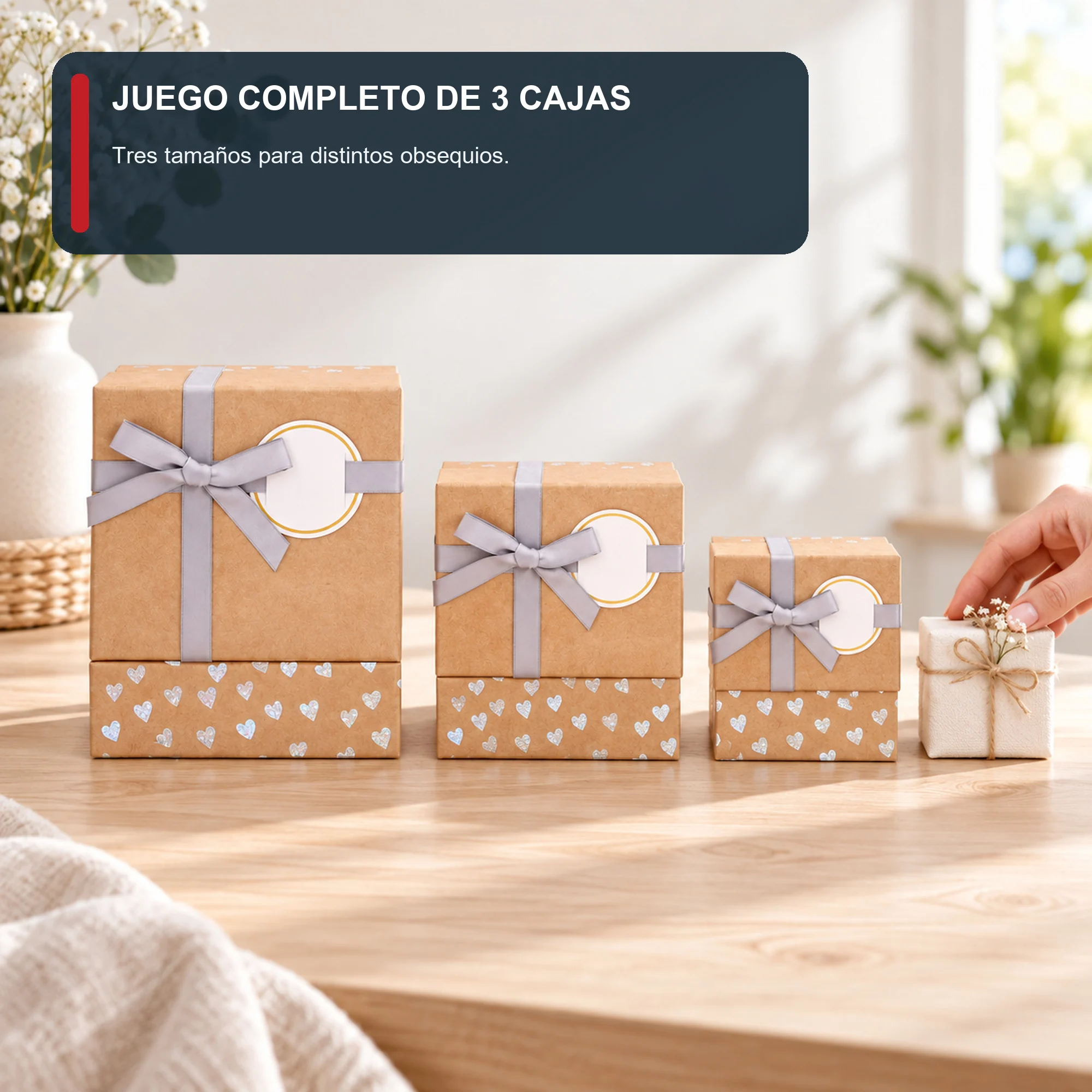 Juego de 3 Cajas de Regalo Juego De Cajas Kraft Con Corazones Holográficos, Tres Tamaños