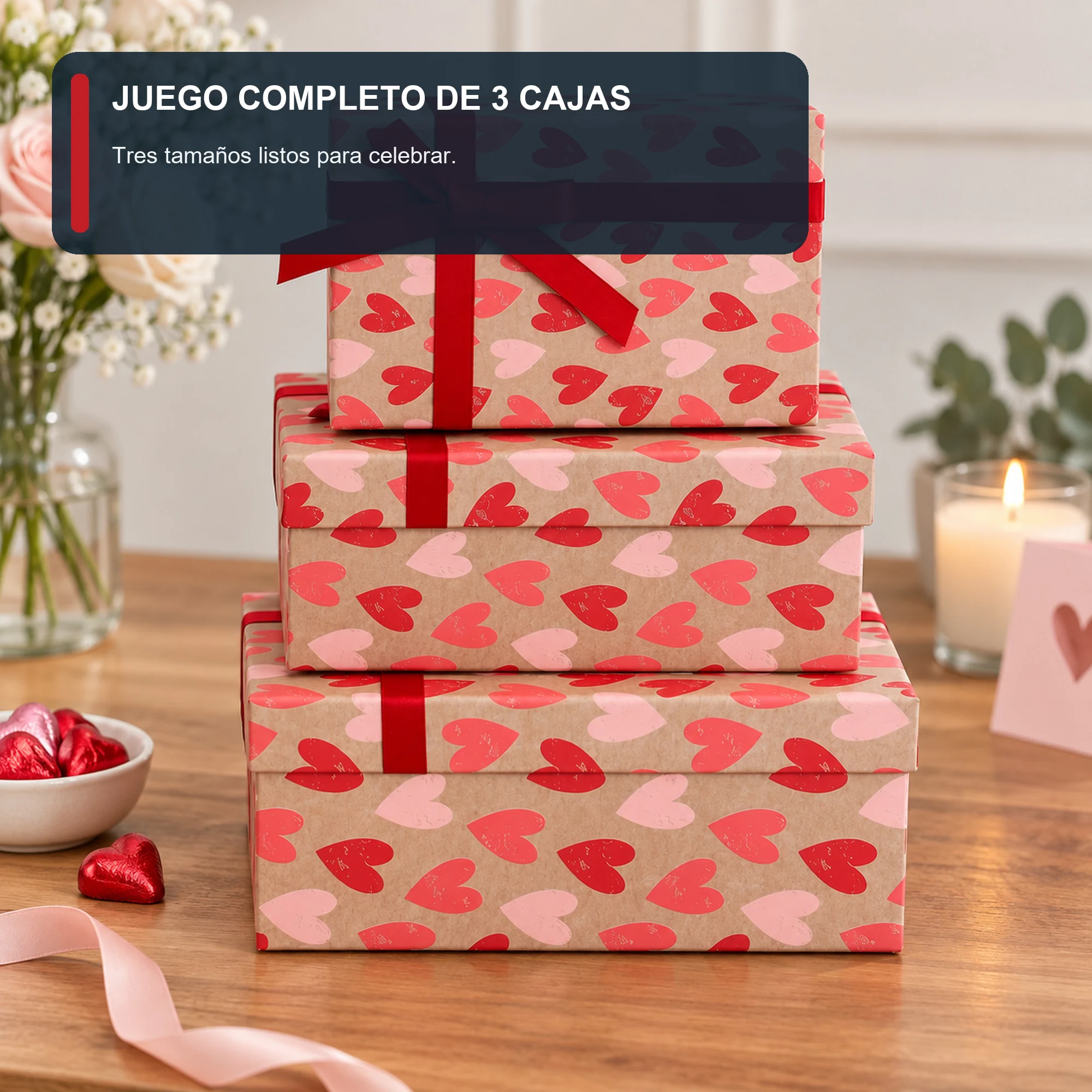 Juego de 3 Cajas de Regalo Juego De Cajas Kraft Con Corazones, Tres Tamaños