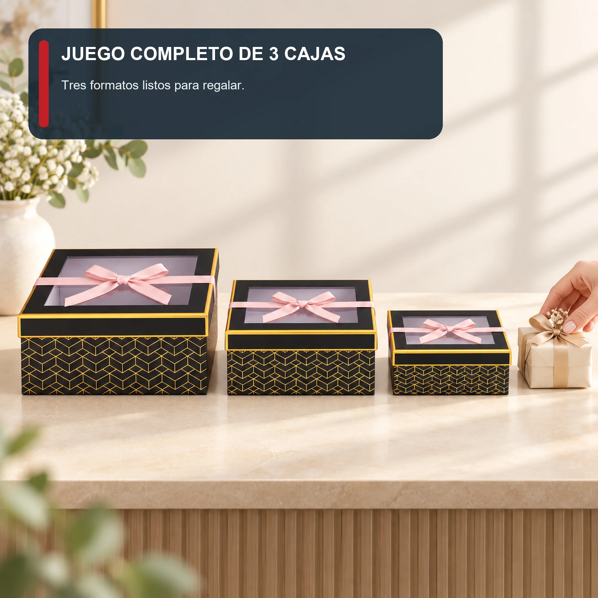 Juego de 3 Cajas de Regalo Juego De Cajas Negras Con Ventana Y Lazo Rosado, Tres Tamaños