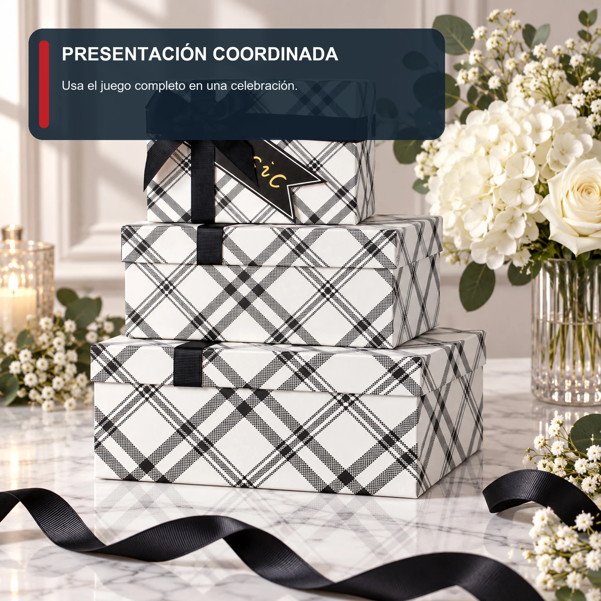 Juego de 3 Cajas de Regalo Juego Rectangular De Tartán, Tres Tamaños