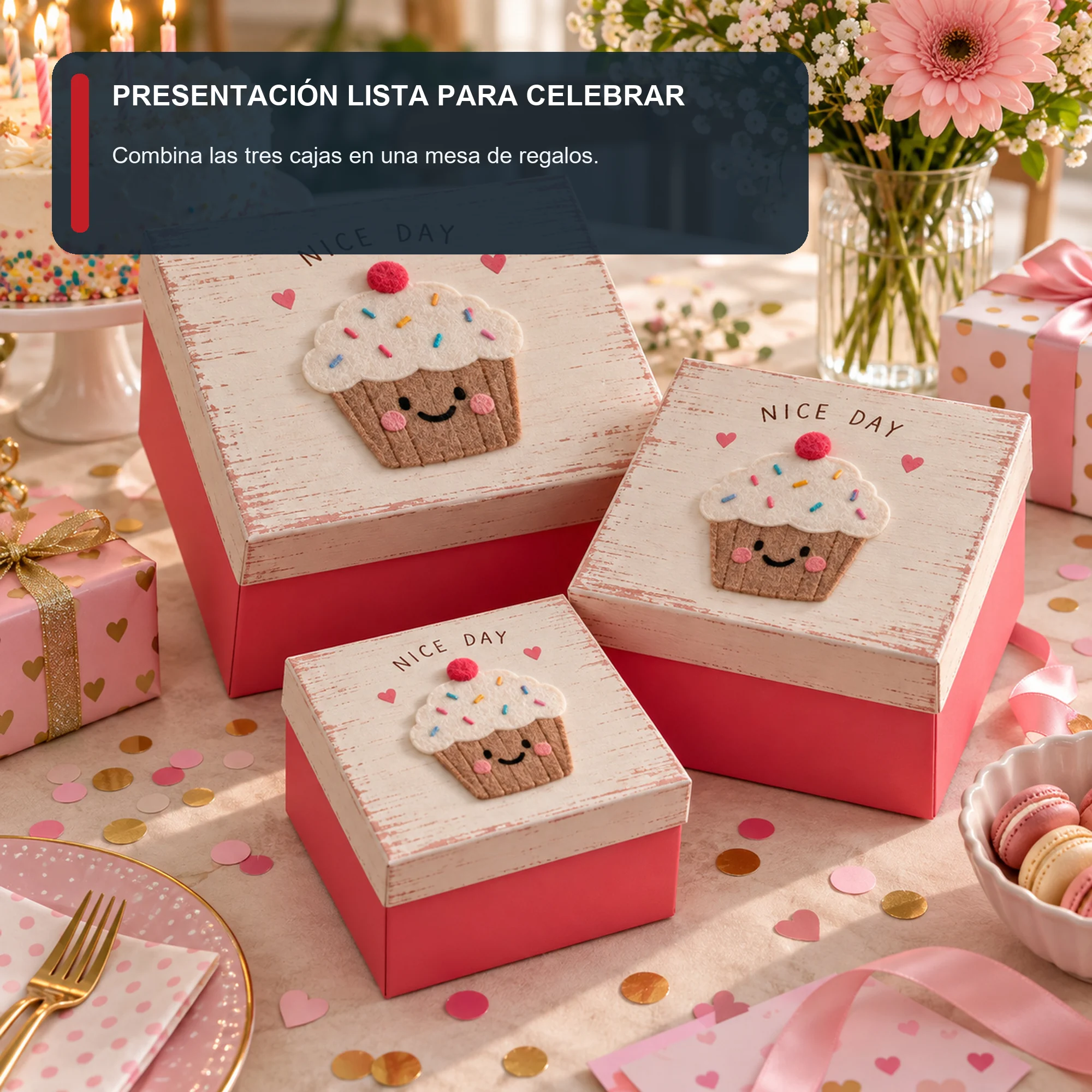 Juego de 3 Cajas de Regalo Juego De Cajas Cuadradas Con Cupcake, Tres Tamaños