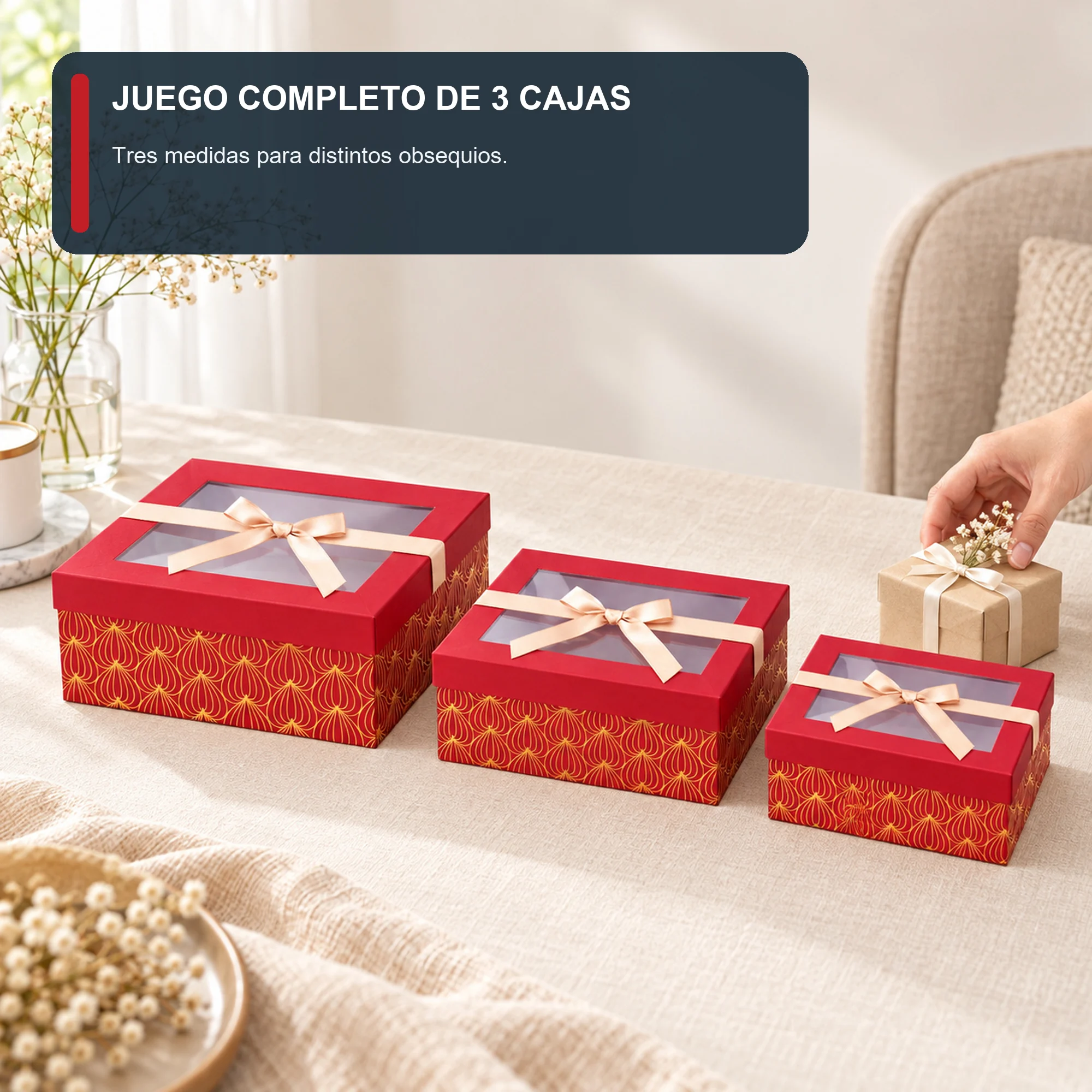 Juego de 3 Cajas de Regalo Juego De Cajas Rojas Con Ventana Y Lazo Champaña, Tres Tamaños
