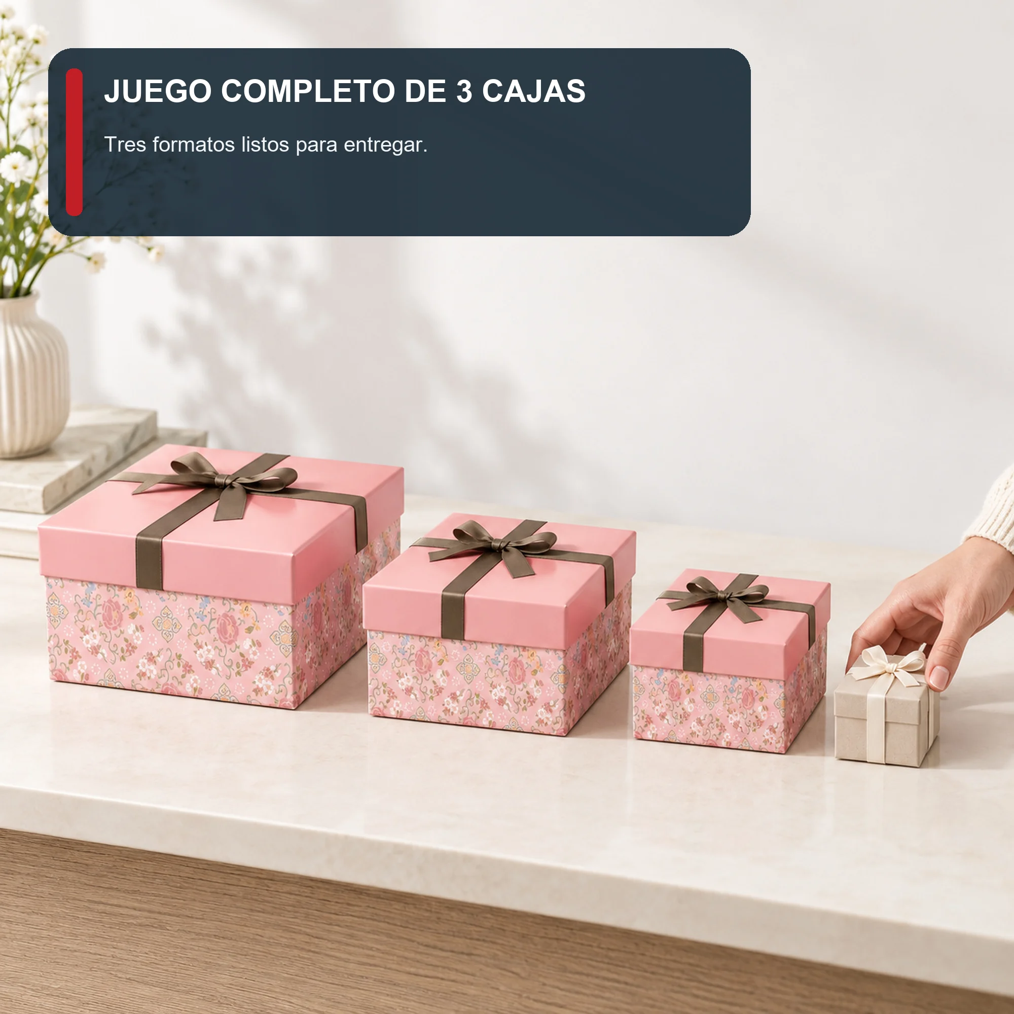 Juego de 3 Cajas de Regalo Juego De Cajas Rosadas Con Laterales Florales, Tres Tamaños