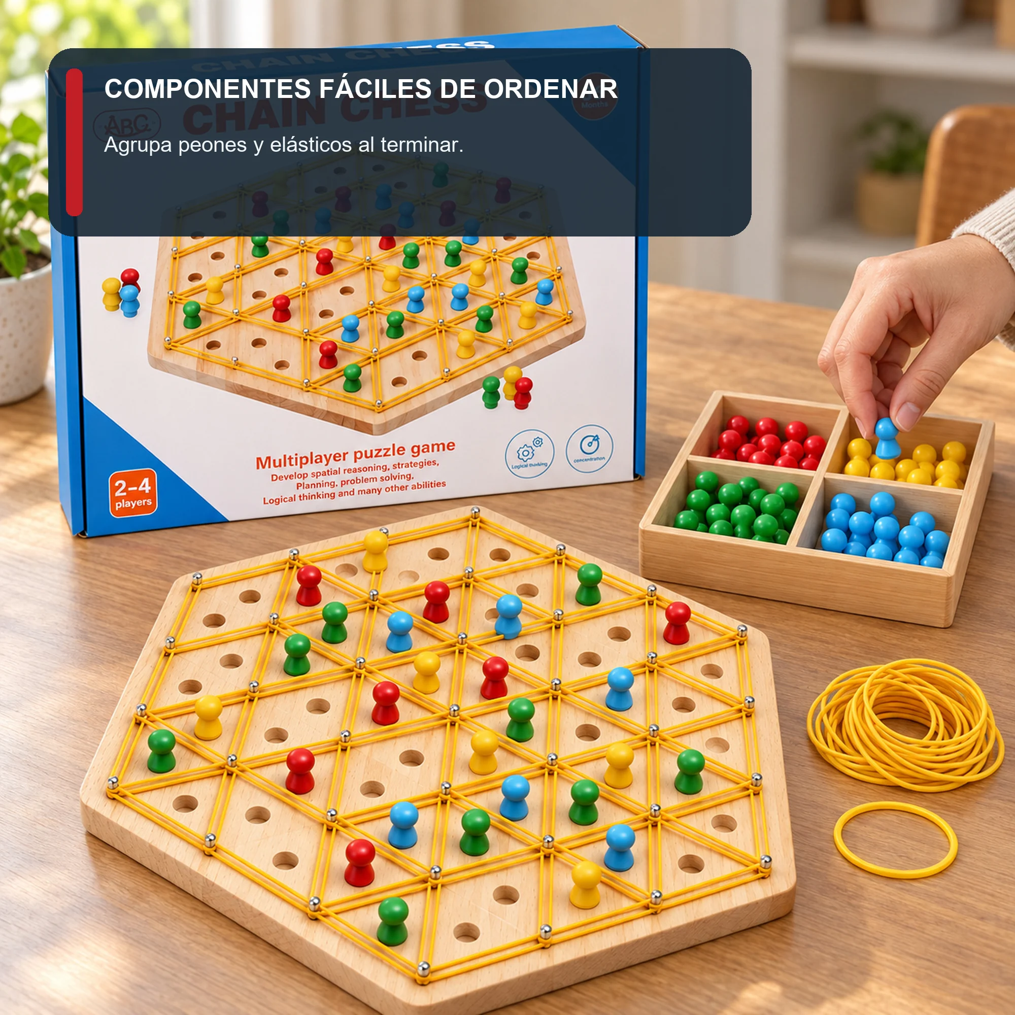 Juego Chain Chess de Madera con Elásticos, 2–4 Jugadores