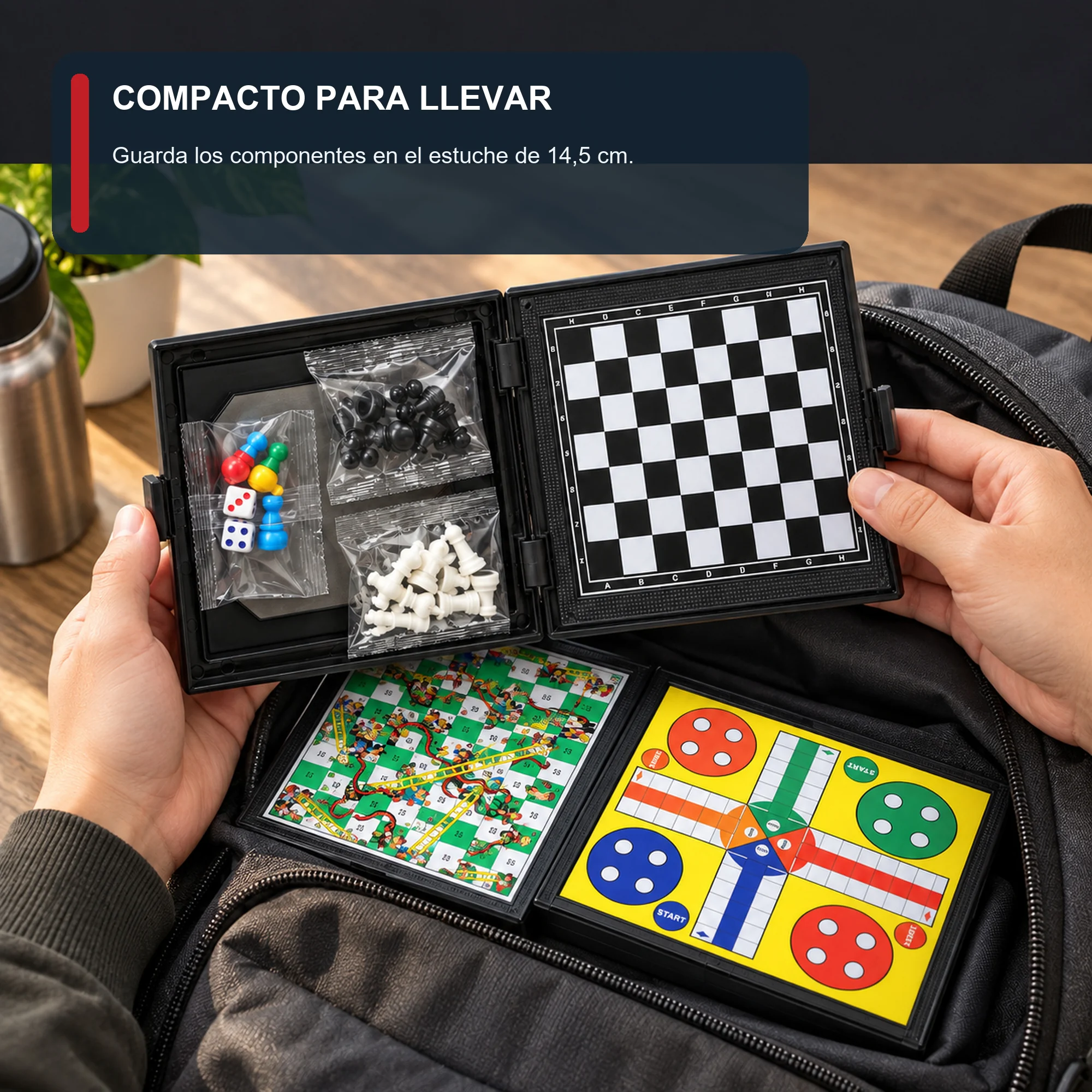 Juego de Mesa 3 en 1 Compacto con Estuche, 14,5 × 14,5 cm