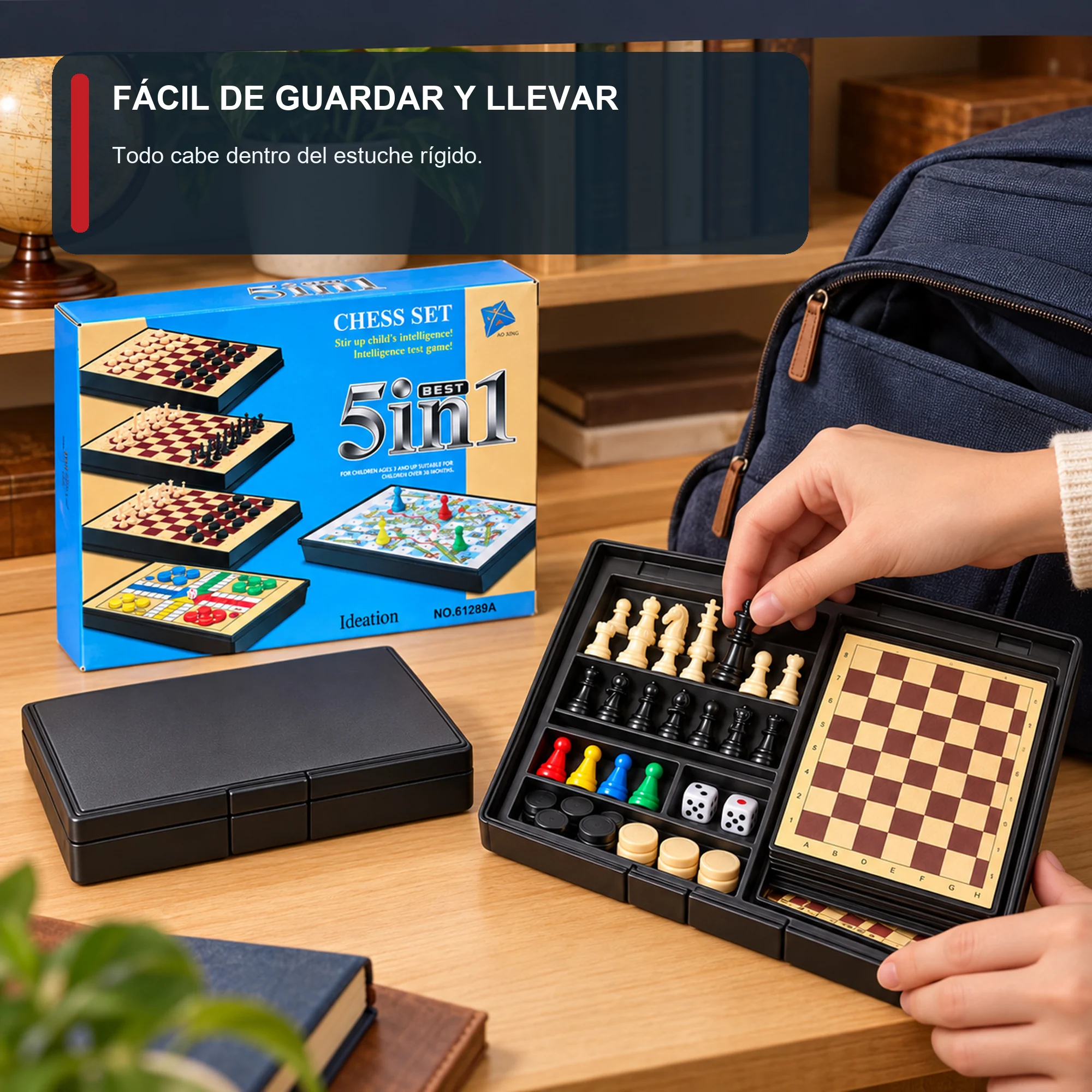 Juego de Mesa 5 en 1 Compacto con Estuche, 11,5 × 16,5 cm