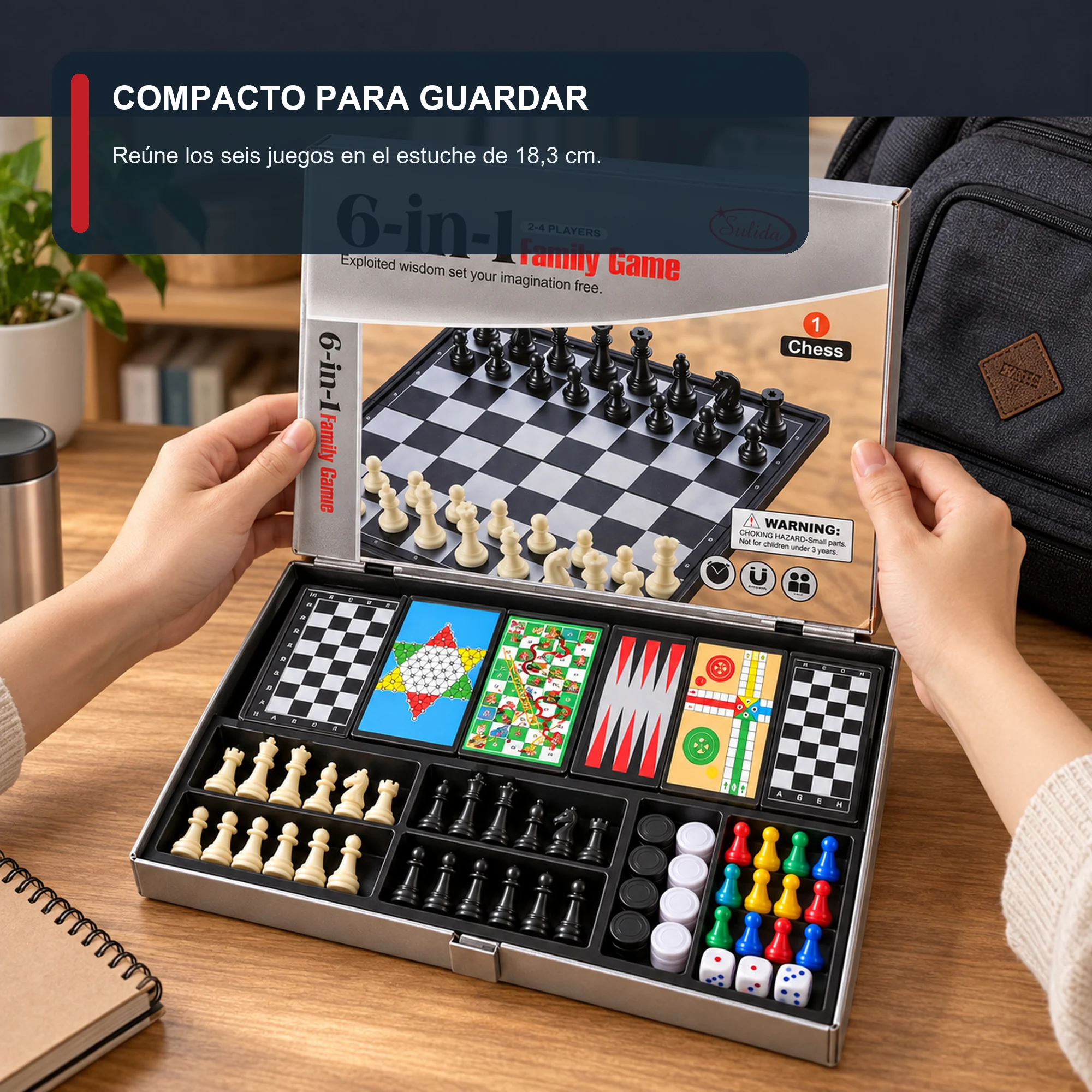 Juego de Mesa Sulida 6 en 1 para 2–4 Jugadores, 18,3 × 17,6 cm