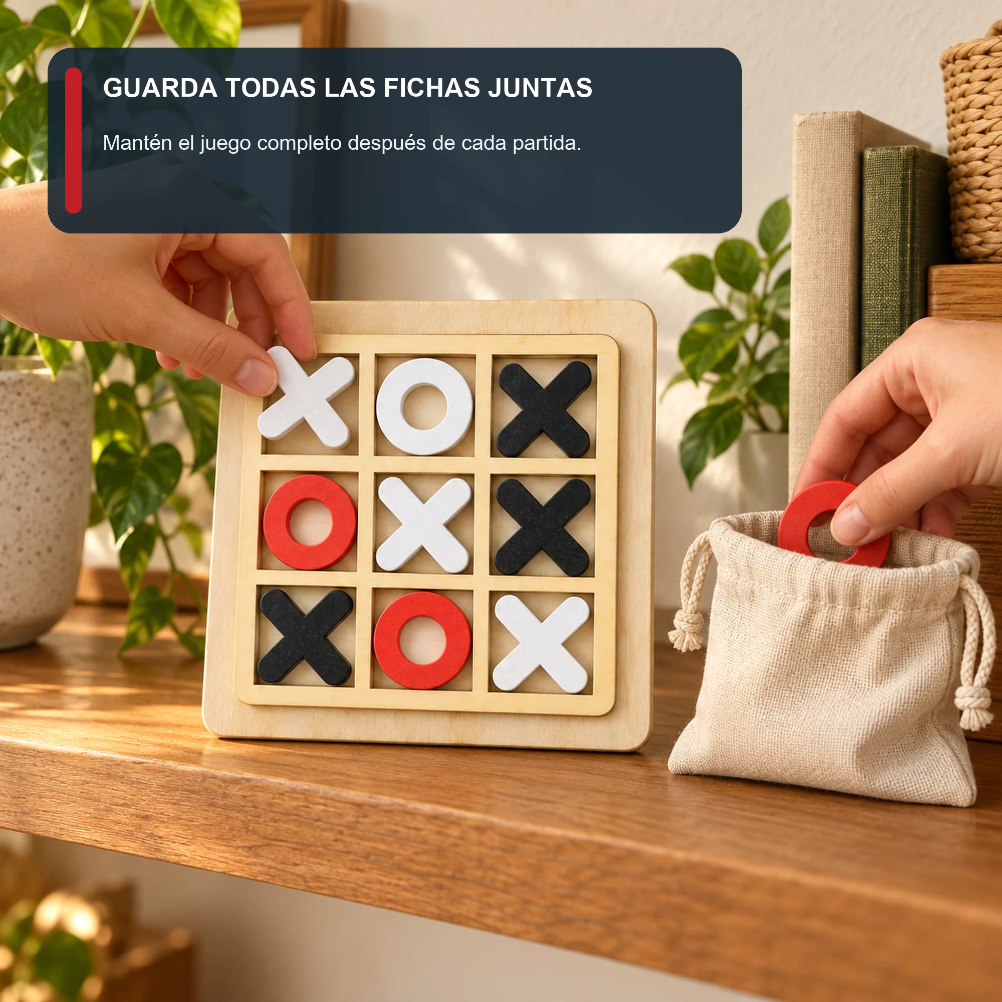 Juego Tres en Raya de Madera, 14,5 × 14,5 cm