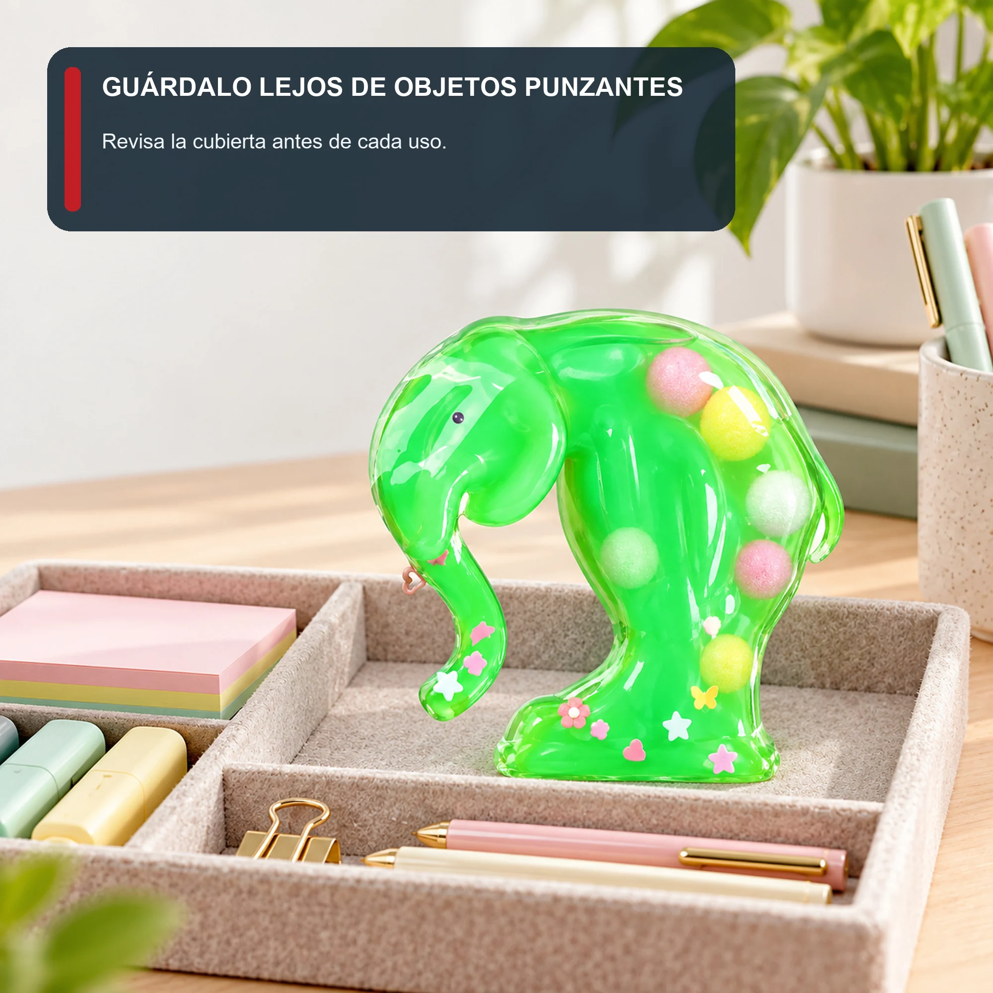Juguete Antiestrés Elefante Verde, Empaque 13 × 12,5 cm