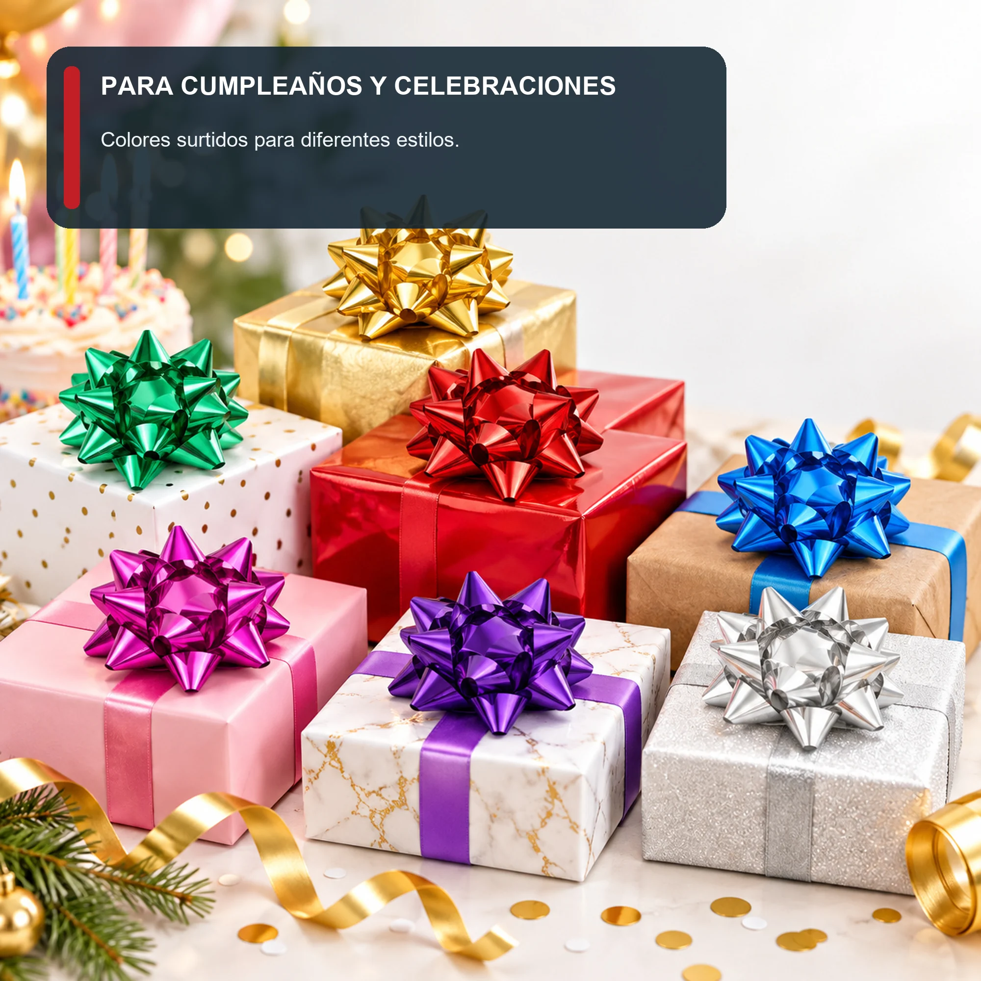 Lazos Estrella Metálicos Adhesivos, 6 cm (2,4 in) de diámetro aprox., 6 Unidades, Colores Surtidos