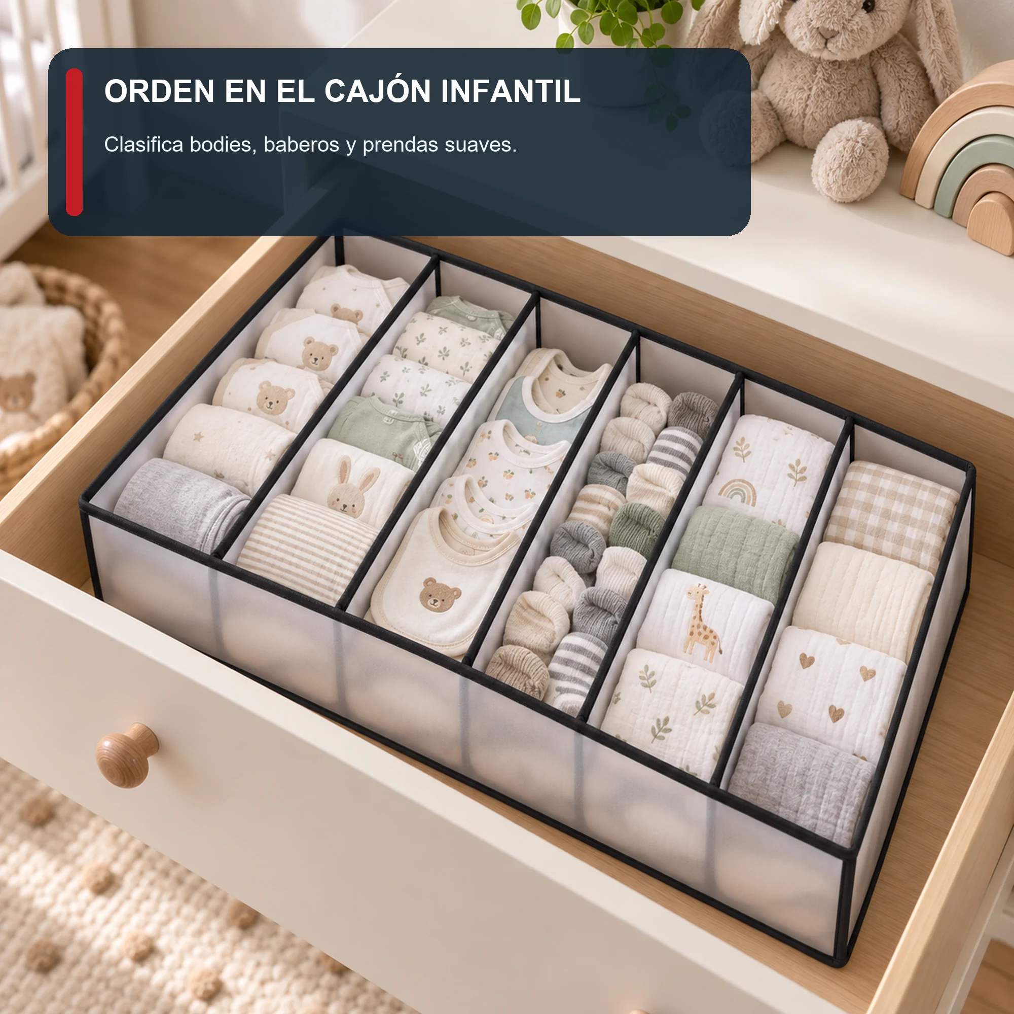 Organizador de Cajón de 6 Compartimentos de PEVA y PP, 32 × 32 × 12 cm, 1 Unidad