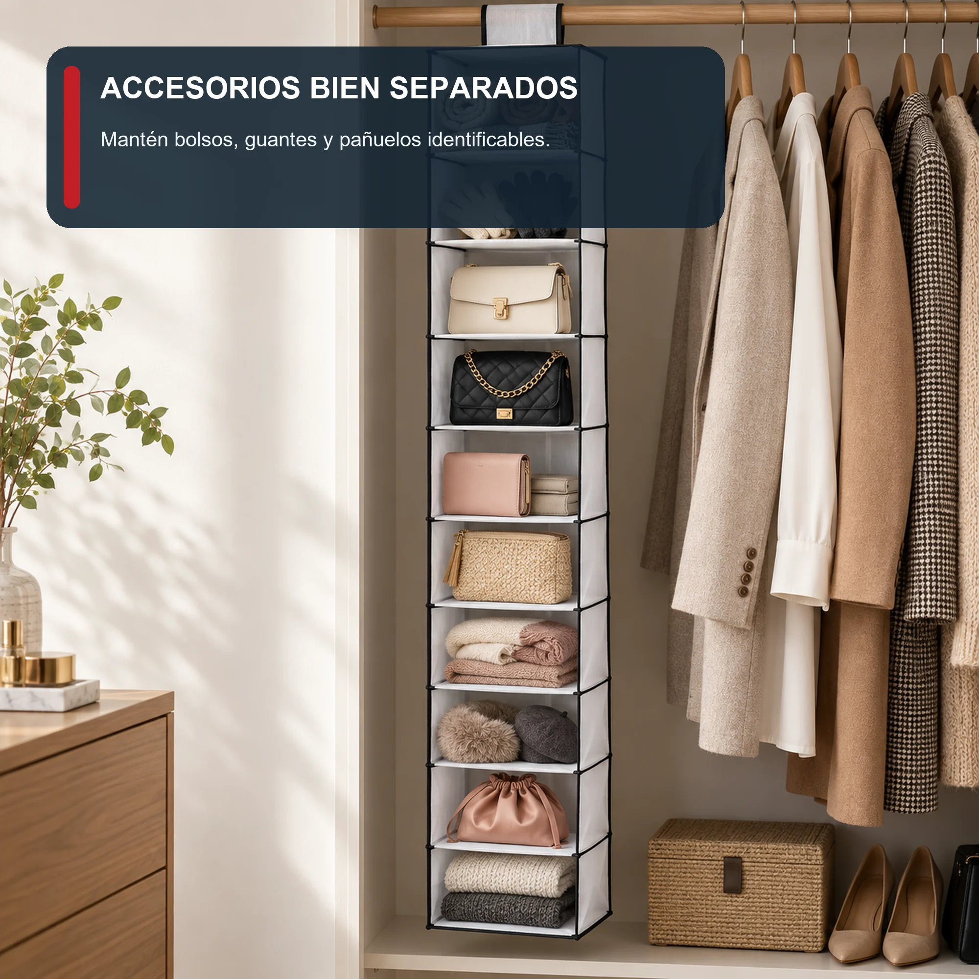 Organizador Colgante Estrecho de Clóset de 10 Niveles de PEVA y PP, 15 × 30 × 120 cm, 1 Unidad