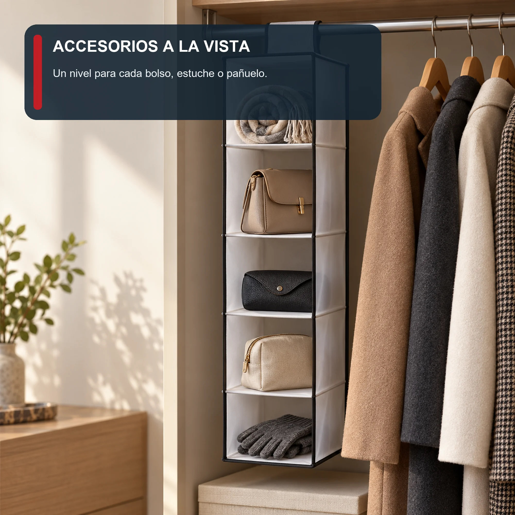 Organizador Colgante Estrecho de Clóset de 5 Niveles de PEVA y PP, 15 × 30 × 70 cm, 1 Unidad