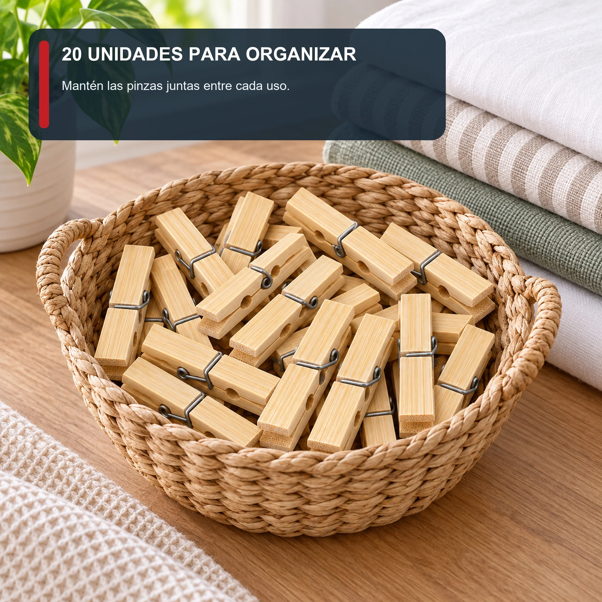 Set de 20 Pinzas para Ropa, Bambú Y Metal, 6 cm