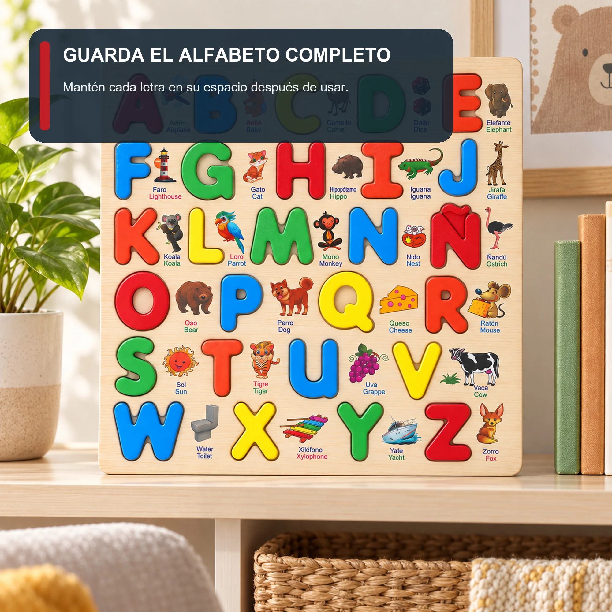 Puzzle de Madera con Alfabeto Bilingüe Español-Inglés, 30 × 30 cm