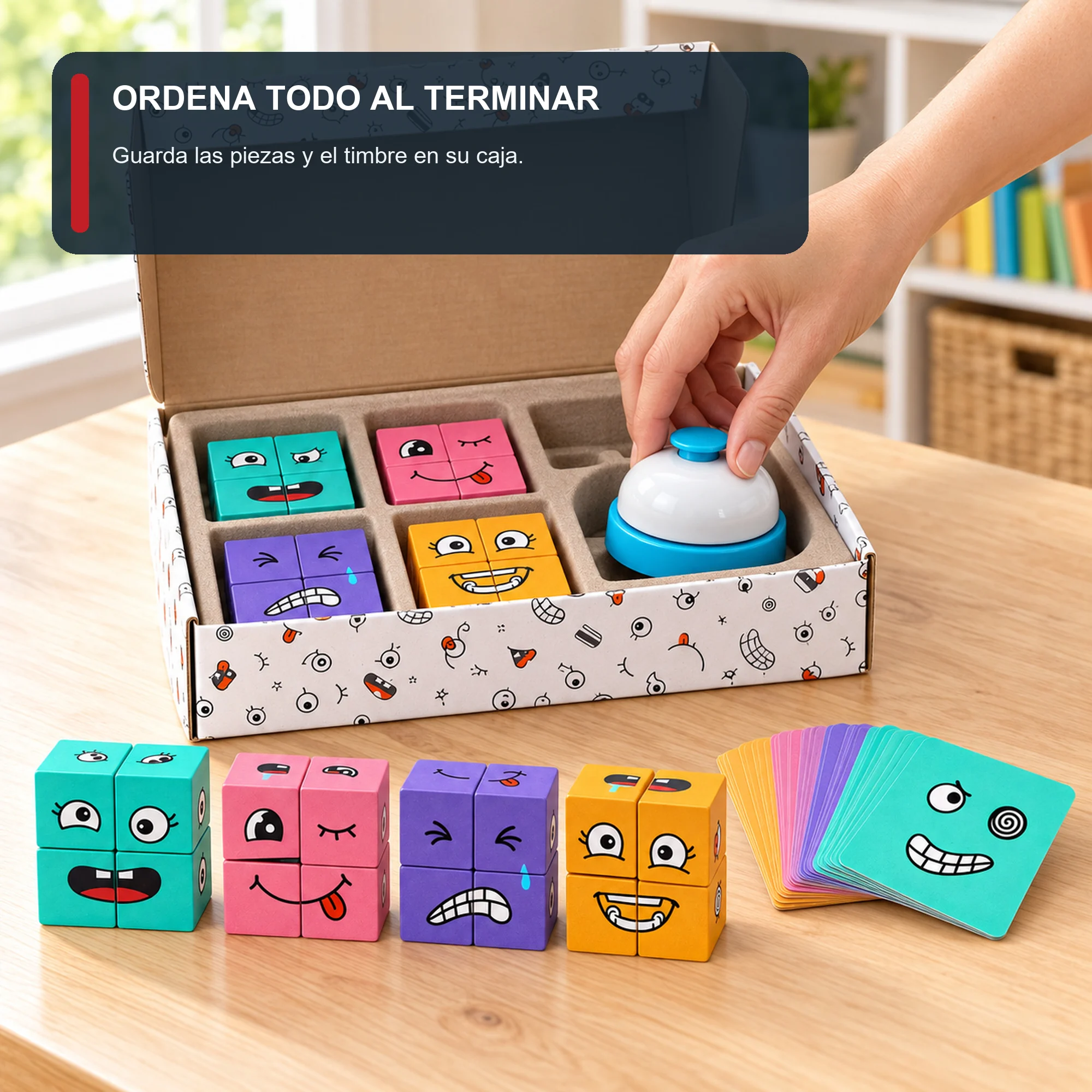Puzzle de Expresiones con Cubos de Madera, Tarjetas y Timbre