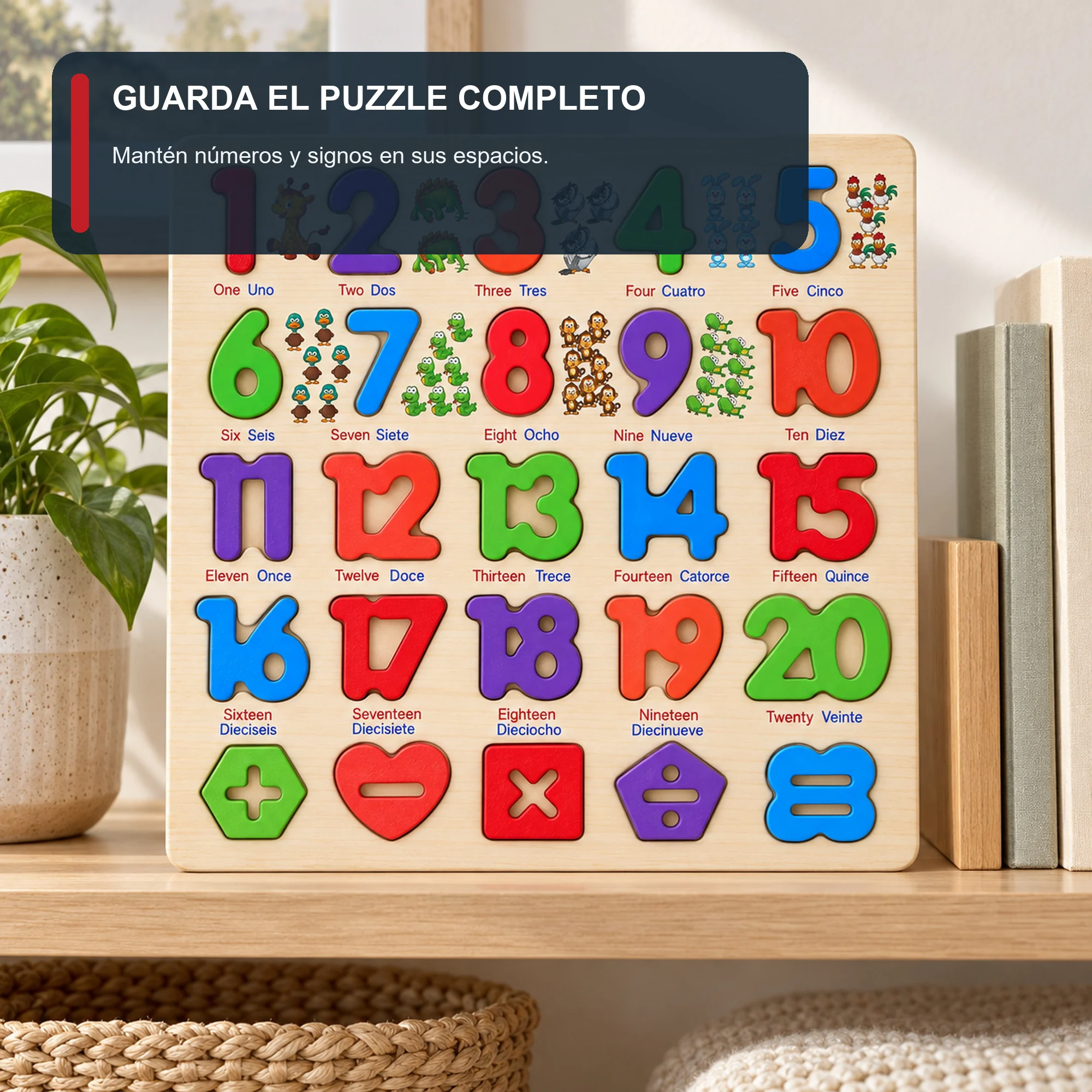 Puzzle de Madera con Números Bilingües del 1 al 20, 30 × 30 cm