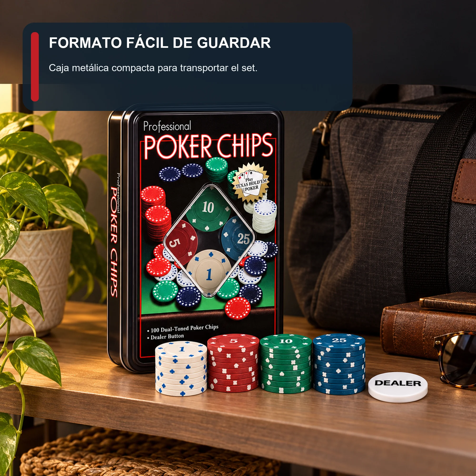 Set de 100 Fichas de Póker Bicolor con Botón Dealer