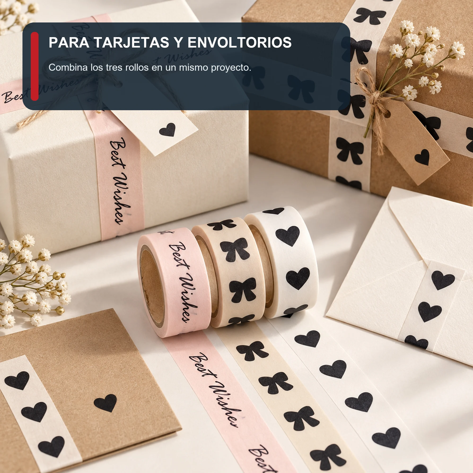 Set de 3 Cintas Washi Con Best Wishes, Corazones Y Lazos, 1,5 cm × 2 m por Rollo