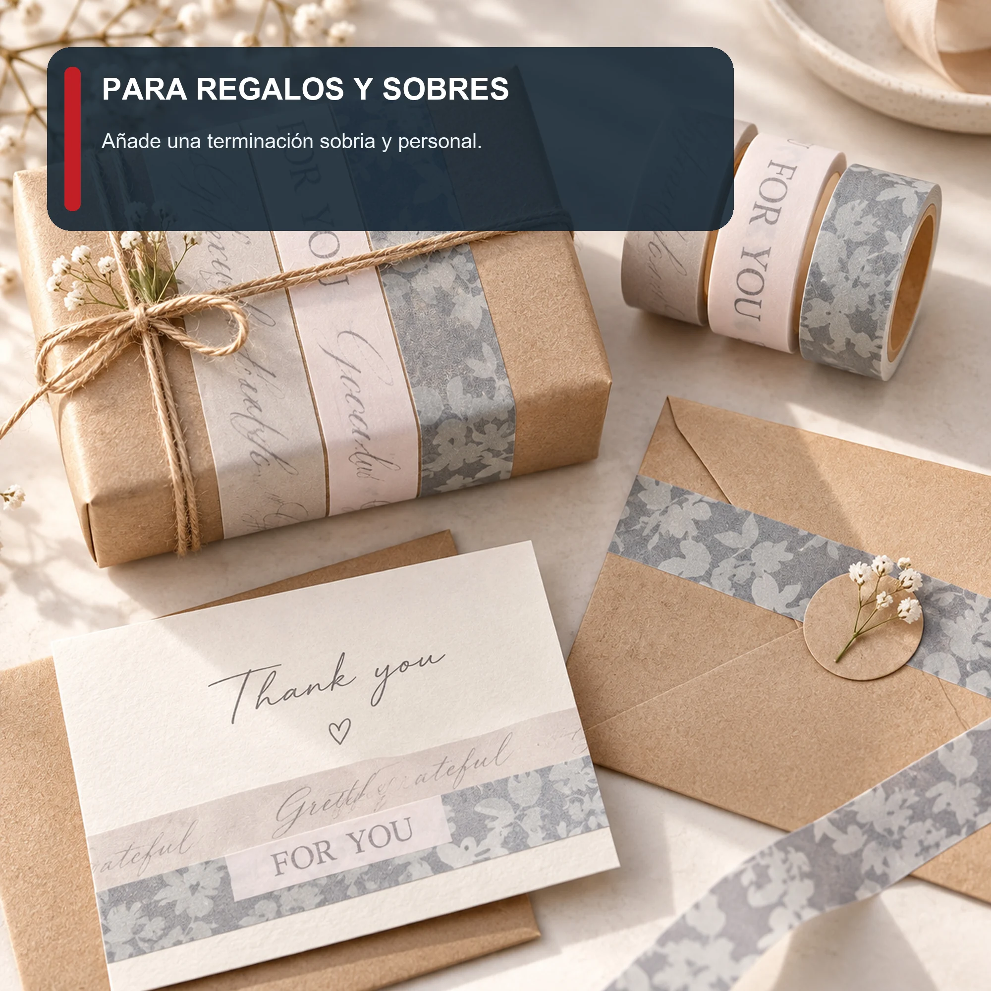 Set de 3 Cintas Washi Grises Con Mensaje For You, 1,5 cm × 2 m por Rollo