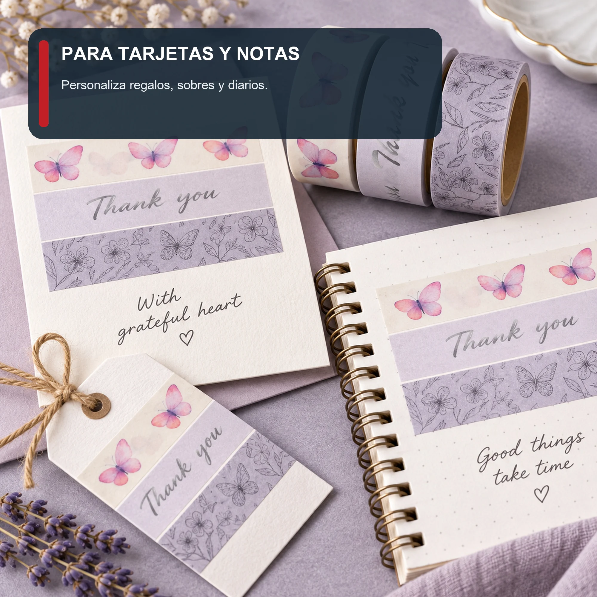 Set de 3 Cintas Washi Lila Con Mariposas, 1,5 cm × 2 m por Rollo