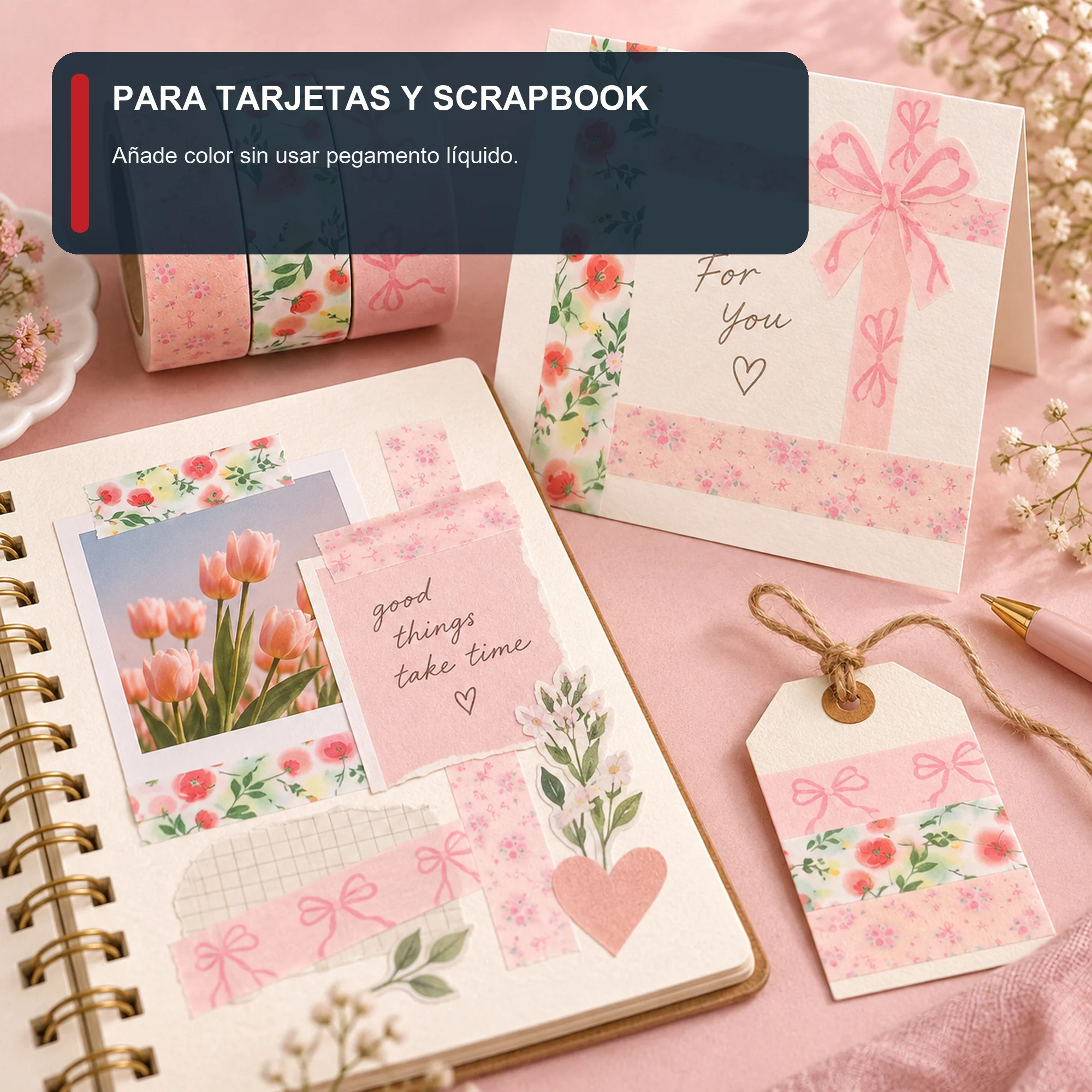 Set de 3 Cintas Washi Rosadas Florales, 1,5 cm × 2 m por Rollo