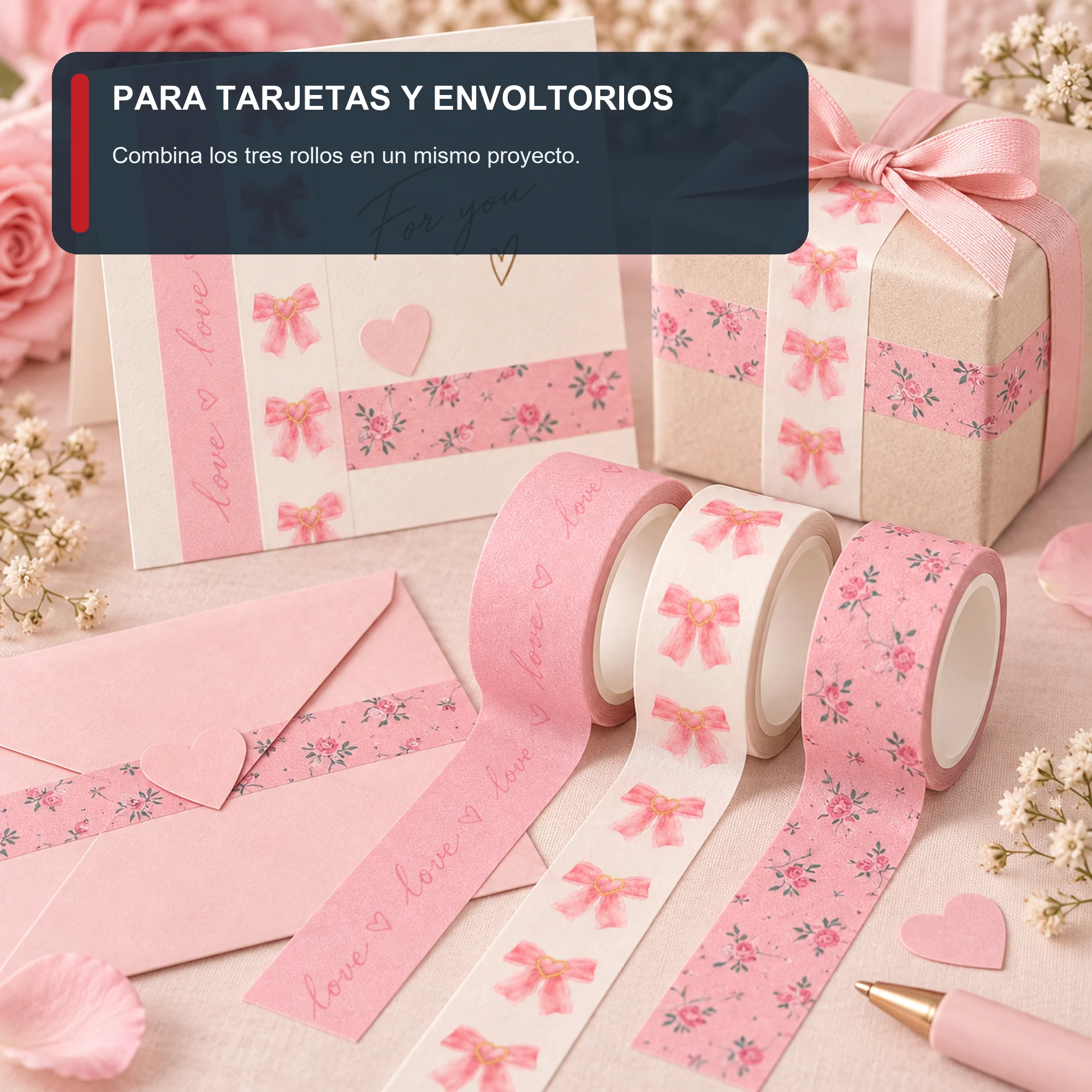 Set de 3 Cintas Washi Rosadas Con Lazos Y Flores, 1,5 cm × 2 m por Rollo