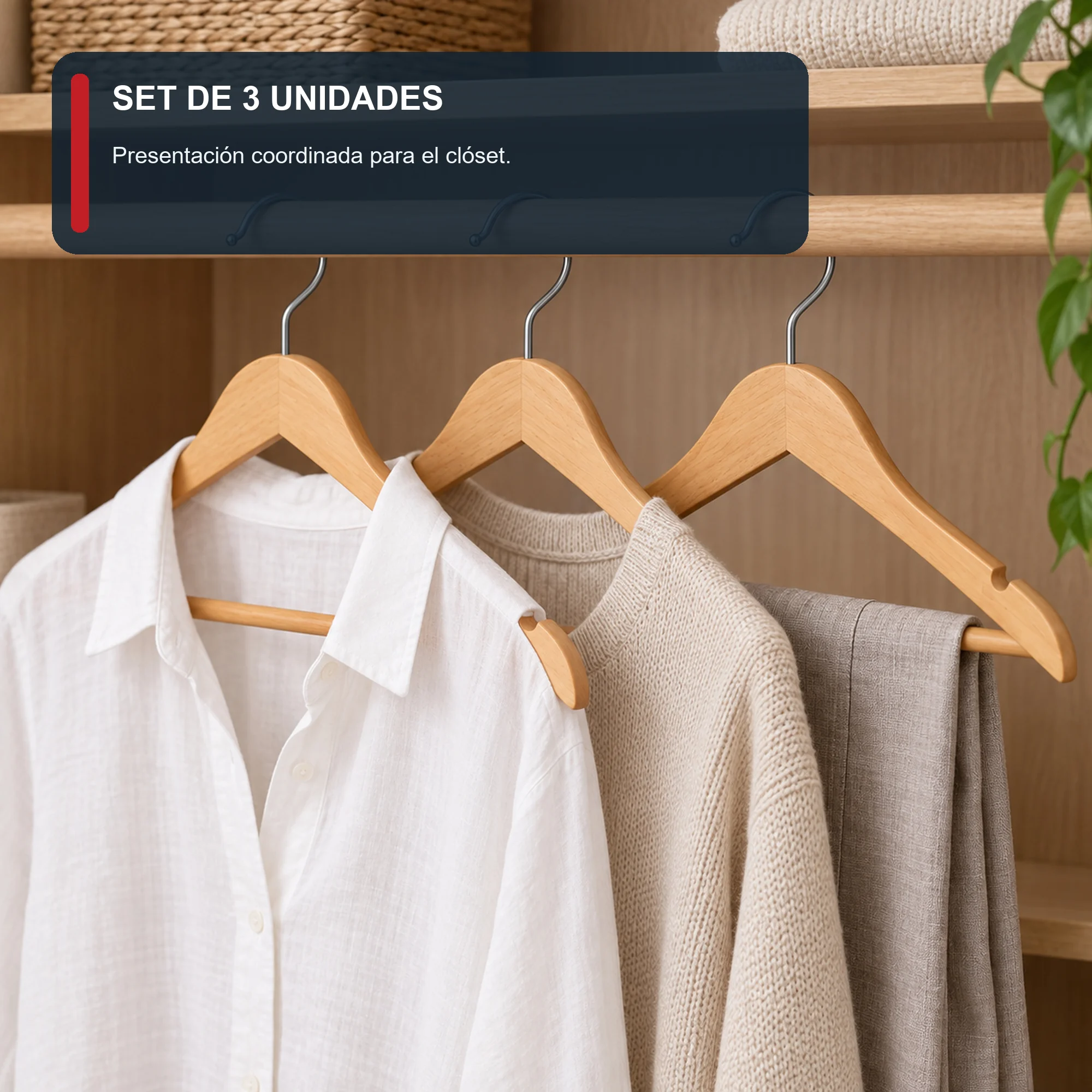 Set de 3 Colgadores de Madera con Barra para Pantalones, 44,3 cm
