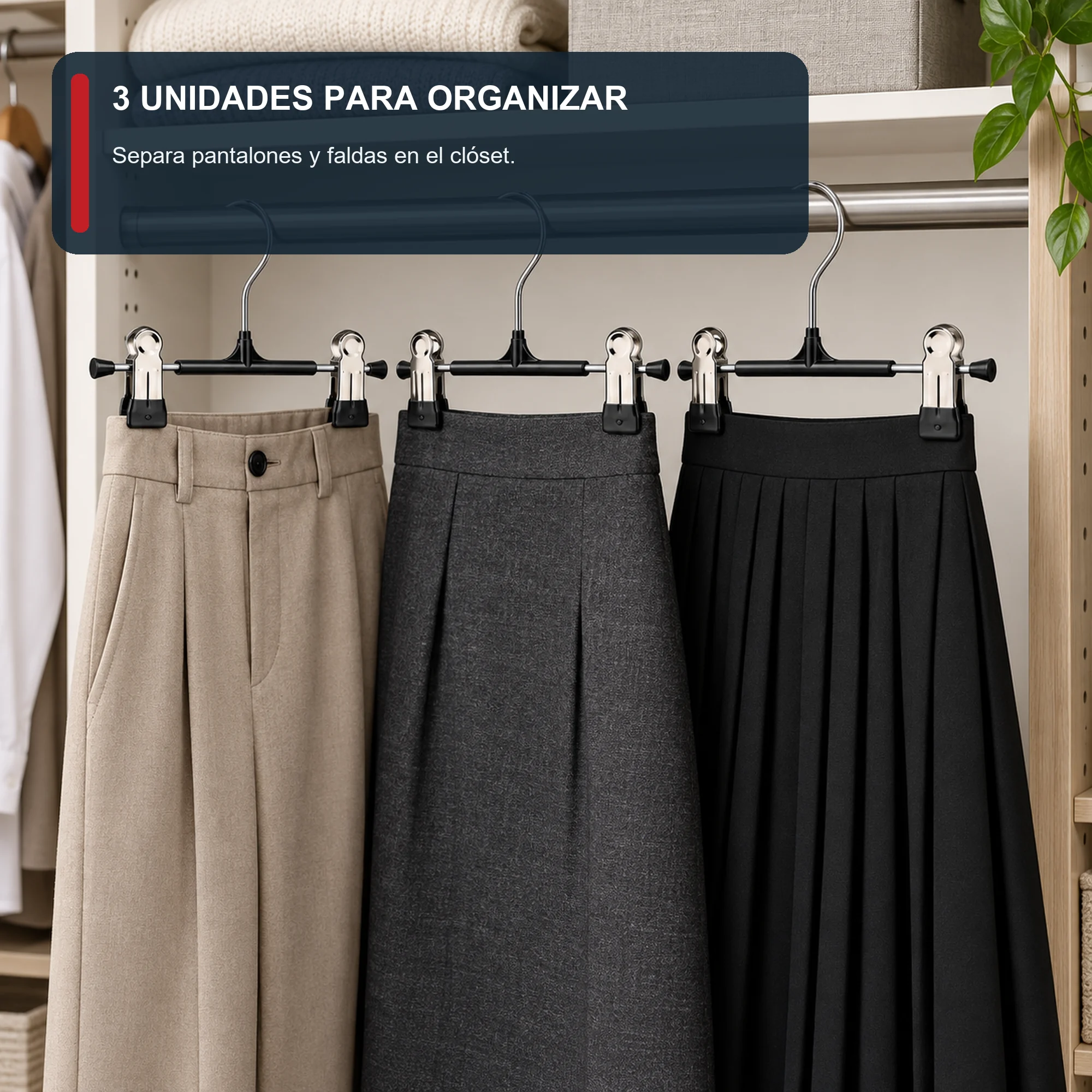 Set de 3 Colgadores con Pinzas Ajustables para Pantalón y Falda, 30 cm