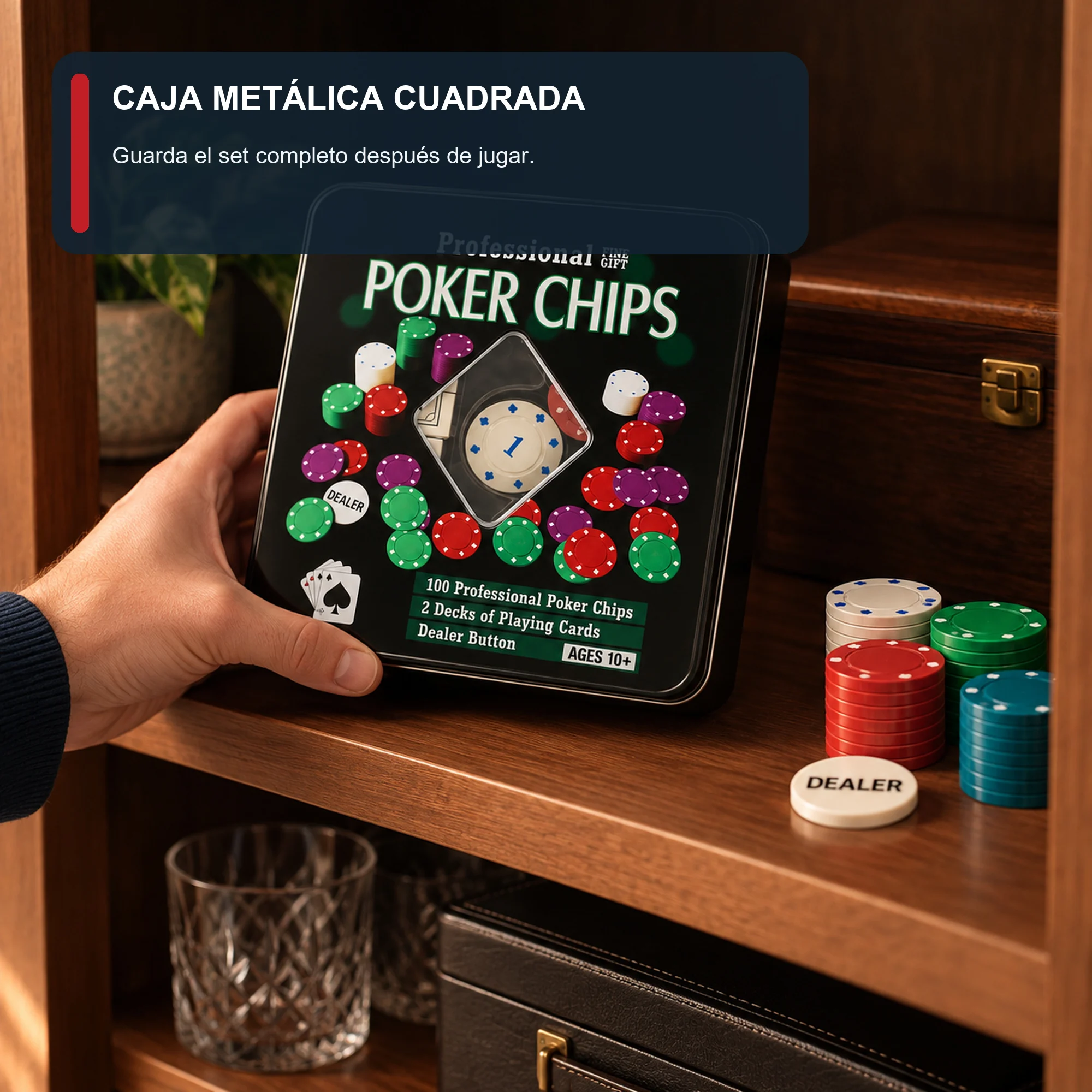 Set de Póker con 100 Fichas, 2 Mazos y Botón Dealer
