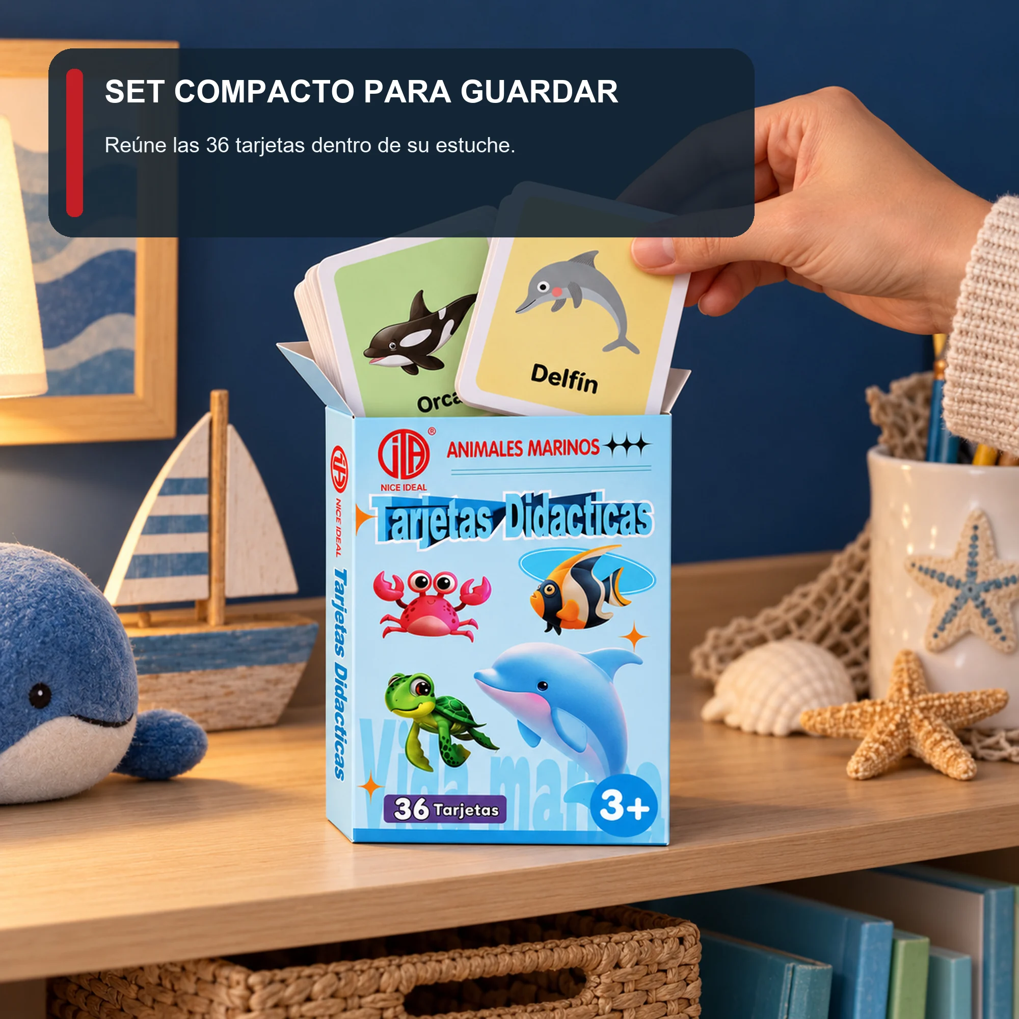 Tarjetas Didácticas de Animales Marinos, 36 Unidades, 7,8 × 11,7 cm